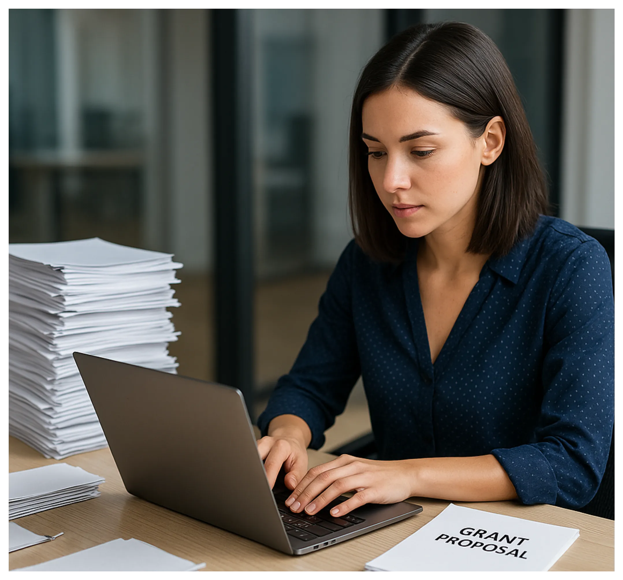 An AI-generated image of a woman writing a grant proposal